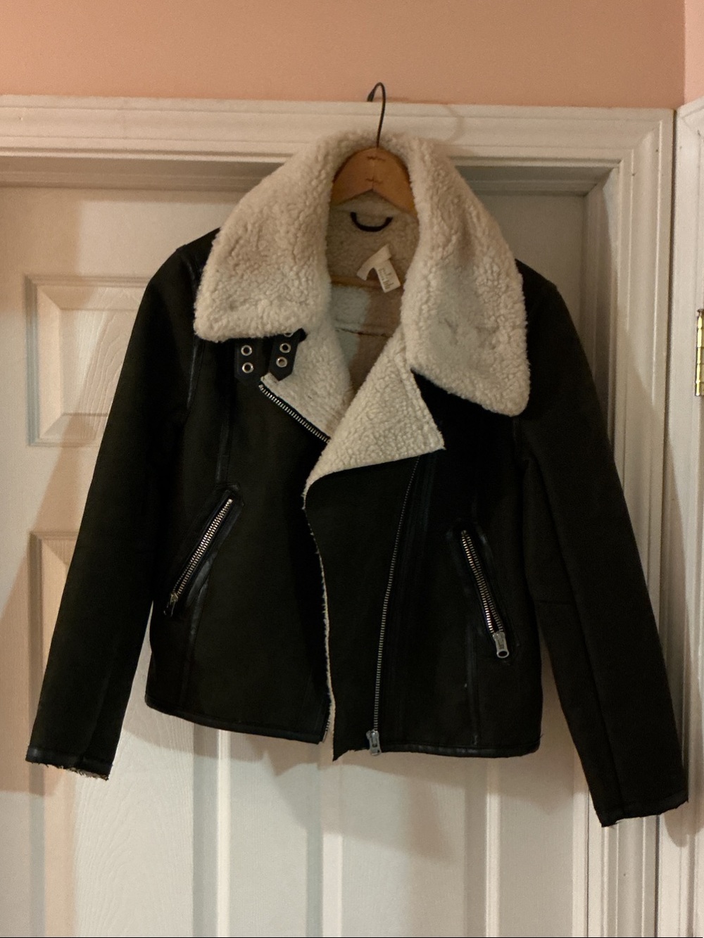 Black Faux-Shearling Aviator Jacket with Cream Collar